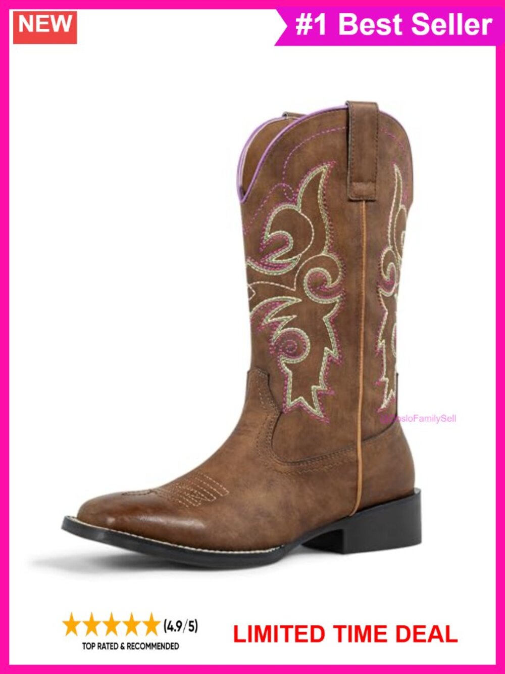 Women's Western Cowboy Boots Wide Calf Square Toe Faux Leather